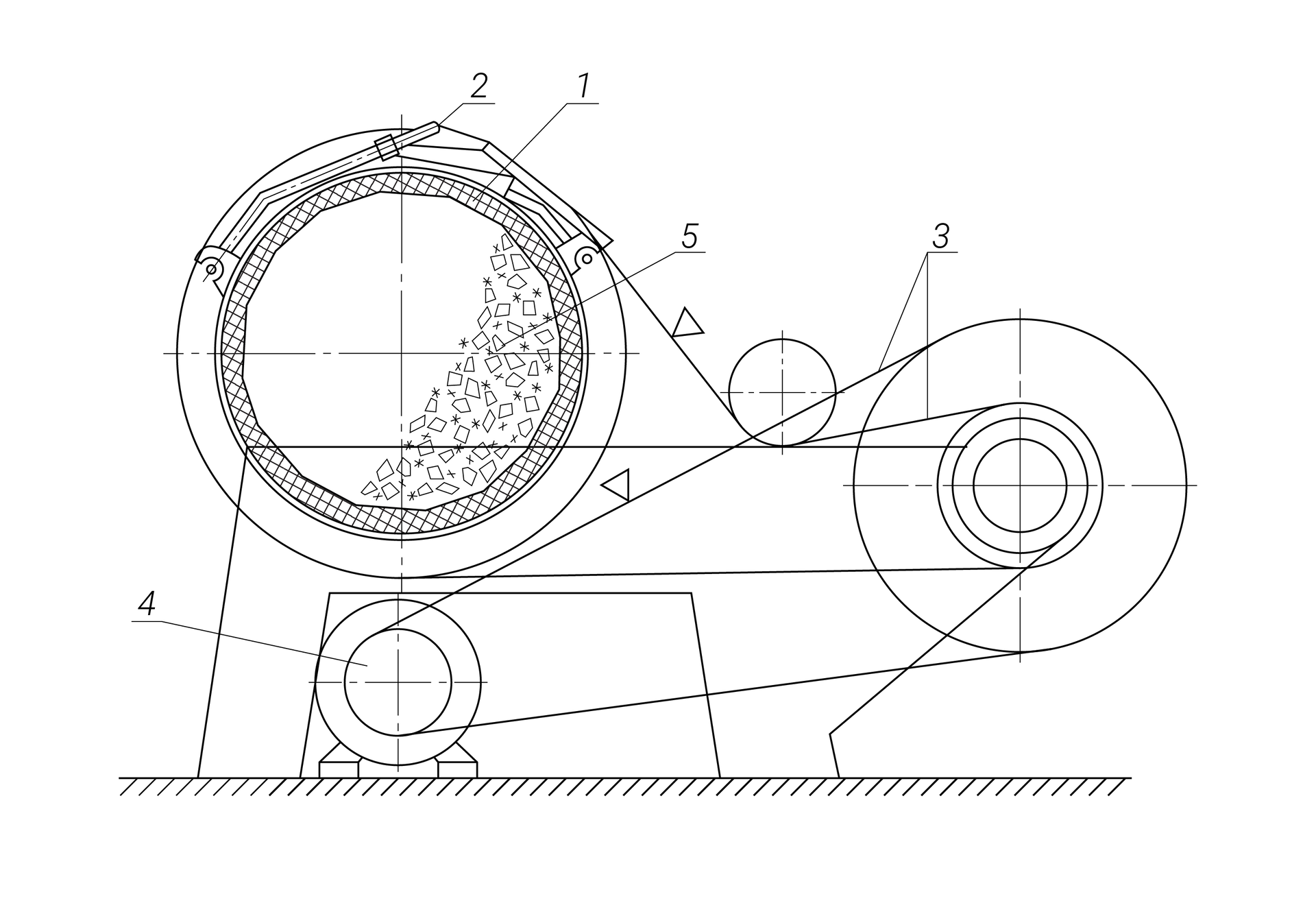 Oczyszczarka bębnowa1 - wykładzina gumowa,2 - zamek ryglujący,3 - zespoły pasków klinowych,4 - silnik elektryczny,5 - odlewy (kształty) oraz czyściwo (gwiazdki).