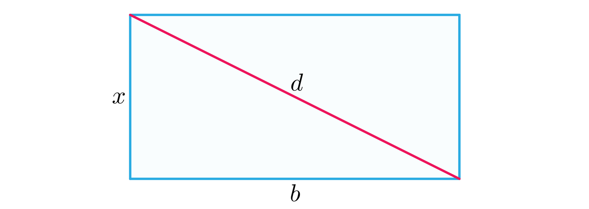 Ilustracja przedstawia prostokąt, jego pionowy bok podpisano literą x, jego poziomy bok podpisano literą b, a jego przekątną podpisano literą d. 