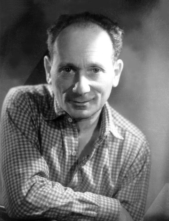 Zdjęcie przedstawia dojrzałego mężczyznę ukazanego na wprost nas. Postać jest pokazana od piersi w górę. Mężczyzna ma znaczną łysinę, owalną twarz, wysokie, lekko zmarszczone czoło. Pisarz ma przerzedzone brwi, duże oczy z niewielkimi zmarszczkami w kącikach. Nos mężczyzny jest wydatny. Postać opiera łokieć prawej ręki o oparcie krzesła. Mężczyzna jest ubrany w kraciastą koszulę.