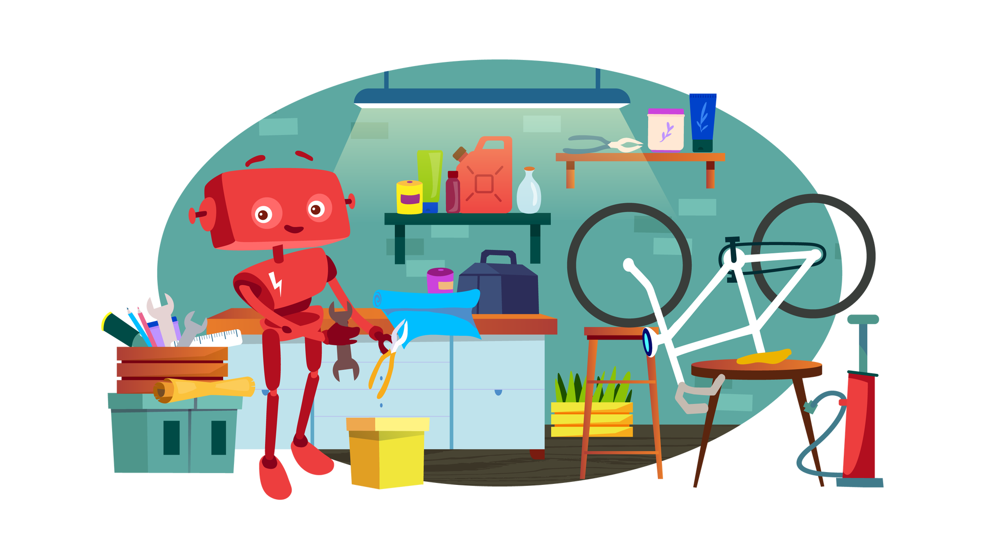 Ilustracja przedstawia warsztat. W tle widać ciemnoturkusową ścianę, na której wiszą dwie półki. Pierwsza półka jest ciemnozielona. Od lewej strony stoją na niej: okrągły żółty pojemnik z fioletową etykietą, jasnozielona tubka z ciemnoniebieską nakrętką, mała butelka w kolorze śliwkowym, czerwony kanister (czyli pojemnik na paliwo) oraz pękata szklana butelka z korkiem. Druga półka jest brązowa. Od lewej strony znajdują się na niej: ciemnoturkusowe kombinerki, beżowy pojemnik z fioletową nakrętką i granatowa tubka z czarną nakrętką. Z sufitu zwisa podłużna granatowa lampa dająca żółte światło. Po lewej stronie pomieszczenia, pod ścianą, stoi rząd bladobłękitnych szafek z brązowym blatem. Na blacie widać rulon niebieskiego materiału, okrągły fioletowy pojemnik z pomarańczową etykietą oraz granatową skrzynkę z narzędziami. Na prawo od szafek, na ciemnoszarej podłodze, stoi zielona roślina w żółtej skrzynce. Na pierwszym planie, przed szafkami, stoi podwójny ciemnoturkusowy pojemnik z pokrywką. Na pojemniku leży rulon jasnopomarańczowego papieru i stoi brązowa skrzynka, z której wystają narzędzia. Na prawo od pojemnika stoi uśmiechnięty Zgrzytek. Jest to czerwony robot o prostokątnej głowie z krótkimi antenkami zamiast uszu, dwiema rękami i dwiema nogami. Na przedniej części jego tułowia widnieje biały znaczek w postaci błyskawicy. Zgrzytek trzyma w prawej ręce klucz płaski, a w lewej pomarańczowe kombinerki. Obok Zgrzytka stoi żółte pudełko z pokrywką. Po prawej stronie pomieszczenia stoją dwa brązowe taborety, na których umieszczono biały rower kołami do góry. Rower ma pomarańczowe siodełko i jasnoszarą kierownicę. Na prawo od roweru, na podłodze, stoi czerwona pompka.