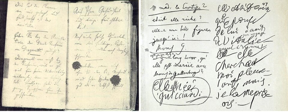 Ilustracja przedstawia skan zeszytów konwersacyjnych, obydwa zeszyty są otwarte, strony zapisane pismem odręcznym.