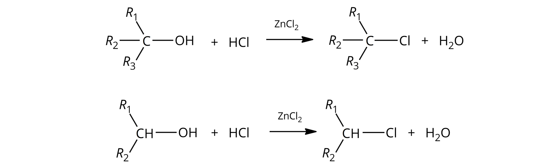 Ilustracja przedstawia dwa równania reakcji. U góry po lewej stronie: cząsteczka alkoholu trzeciorzędowego: atom węgla jest połączony wiązaniem wiązaniami pojedynczymi z grupami R1, R2, R3 oraz z grupą hydroksylową. Po prawej stronie plus i chlorowodór. Pozioma strzałka skierowana w prawo, nad nią <math aria‑label="zet en ce el indeks dolny dwa koniec indeksu">ZnCl2. Produkt: atom węgla jest połączony wiązaniem wiązaniami pojedynczymi z grupami R1, R2, R3 oraz atomem chloru plus cząsteczka wody. Drugie równanie: cząsteczka alkoholu drugorzędowego: atom węgla jest połączony wiązaniem wiązaniami pojedynczymi z grupami R1, R2 oraz grupą hydroksylową. Po prawej stronie plus i chlorowodór. Pozioma strzałka skierowana w prawo, nad nią <math aria‑label="zet en ce el indeks dolny dwa koniec indeksu">ZnCl2. Produkt: atom węgla jest połączony wiązaniem wiązaniami pojedynczymi z grupami R1, R2 oraz atomem chloru plus cząsteczka wody. 