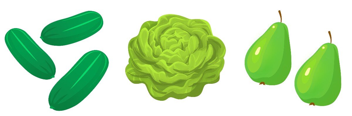 Ilustracja przedstawia ogórki, gruszki i sałatę.