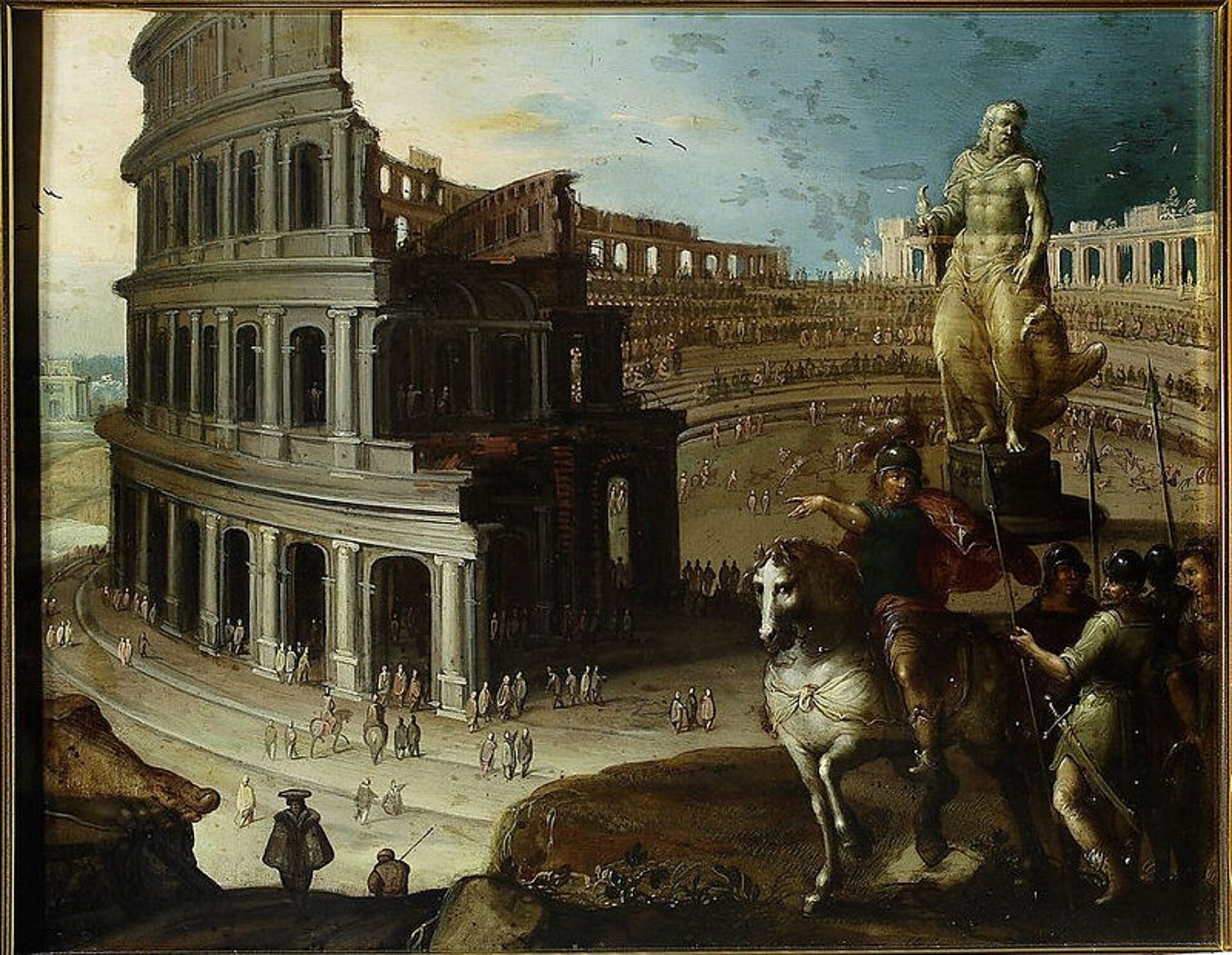 Ilustracja przedstawia dzieło Louisa de Caullery „Koloseum - jeden z cudów świata”. Na obrazie znajdują się ruiny Koloseum, słynny Amfiteatr Flawiuszów w Rzymie, o imponujących rozmiarach, ponad połowa budynku już nie istnieje. Po prawej stronie widoczny jest posąg Jowisza oraz jeździec na białym koniu. Kolorystyka obrazu, oparta na dyskretnych harmoniach delikatnych szarości i głębokich błękitów podkreśla monumentalizm i nastrój pół-realności rzymskiej budowli.