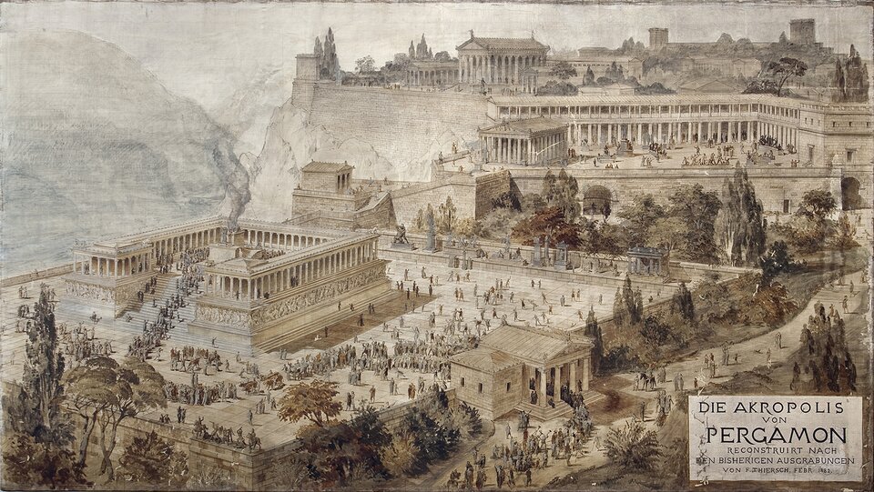 Ilustracja przedstawia rekonstrukcję Akropolu w Pergamonie z około III wieku p.n.e., wykonaną w 1882 roku przez Friedricha Thierscha. Na rysunku widoczny jest rozległy kompleks budowli rozmieszczonych na stromym wzgórzu. Liczne tarasy połączone są monumentalnymi schodami, a na nich stoją świątynie, ołtarze, kolumnowe dziedzińce i portyki. Architektura ma klasyczne greckie cechy: kolumny, trójkątne frontony, fryzy i regularne proporcje. Wśród zabudowań poruszają się drobne sylwetki ludzi, co podkreśla skalę całego założenia. Z jednego z ołtarzy unosi się dym, sugerując trwający rytuał. Całość utrzymana jest w sepiowej tonacji, nadającej rysunkowi charakter historycznej dokumentacji.