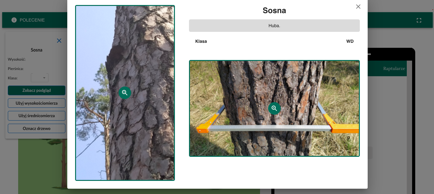 Na grafice widoczne są dwa zdjęcia widoku aplikacji. Po lewej stronie znajduje się pień sosny z symbolem lupy, po prawej stronie na zdjęciu znajduje się pień z średnicomierzem. W tle widać aplikację prowadzenie szacunku brakarskiego. 