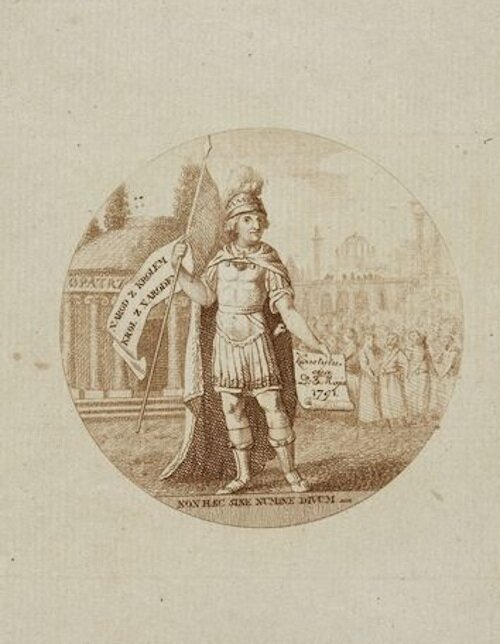 Ilustracja przedstawia mężczyznę ubranego w strój rzymskiego legionisty: lekką zbroję przysłaniającą klatkę piersiową, spódnicę do kolan, pelerynę do ziemi, hełm z pióropuszem. W ręku mężczyzna trzyma dzidę. W tle zabudowania i stojący ludzie. 