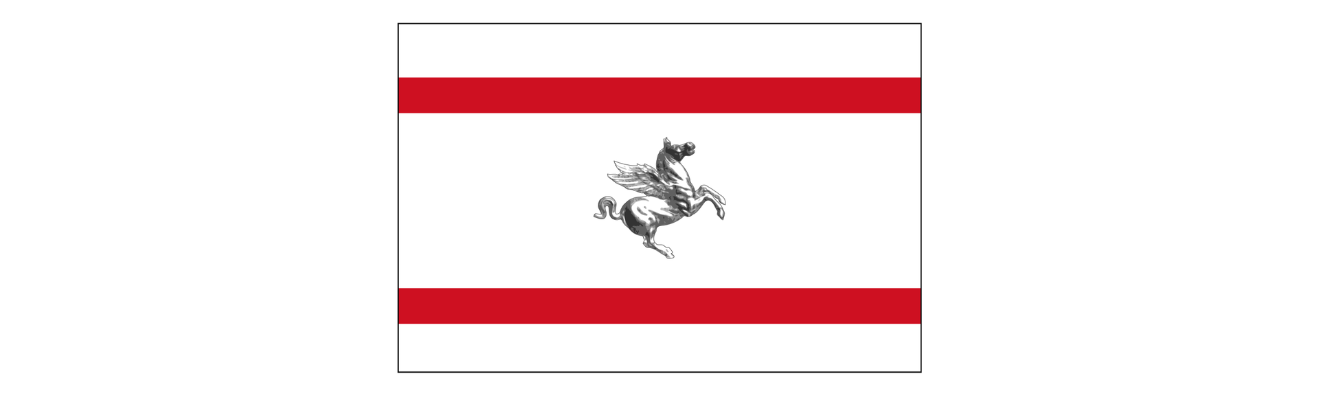 Grafika przedstawia flagę Toskanii. Na flagę składają się trzy kolory. Poziomo na górze i na dole przechodzą dwa pasy. Pomiędzy nimi, na środku znajduje się szalejący pegaz.