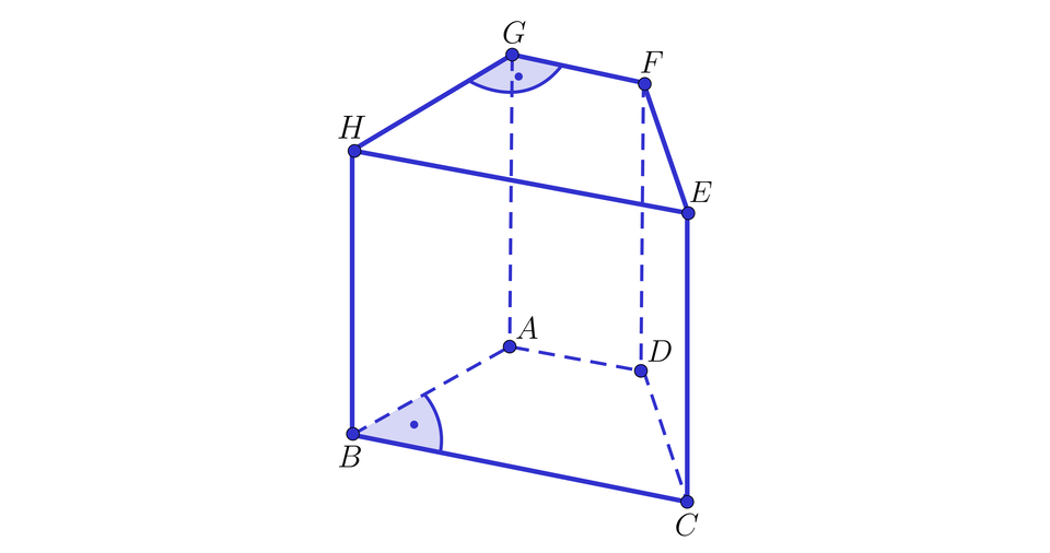 Grafika przedstawia graniastosłup, którego podstawą jest trapez posiadający dwa kąty proste. Podstawa dolna ma wierzchołki A, B , C oraz D, przy czym przy wierzchołkach  A i B są kąty proste. Podstawa górna ma wierzchołki E, F, G oraz H, przy czym przy wierzchołkach G oraz H mamy kąty proste.