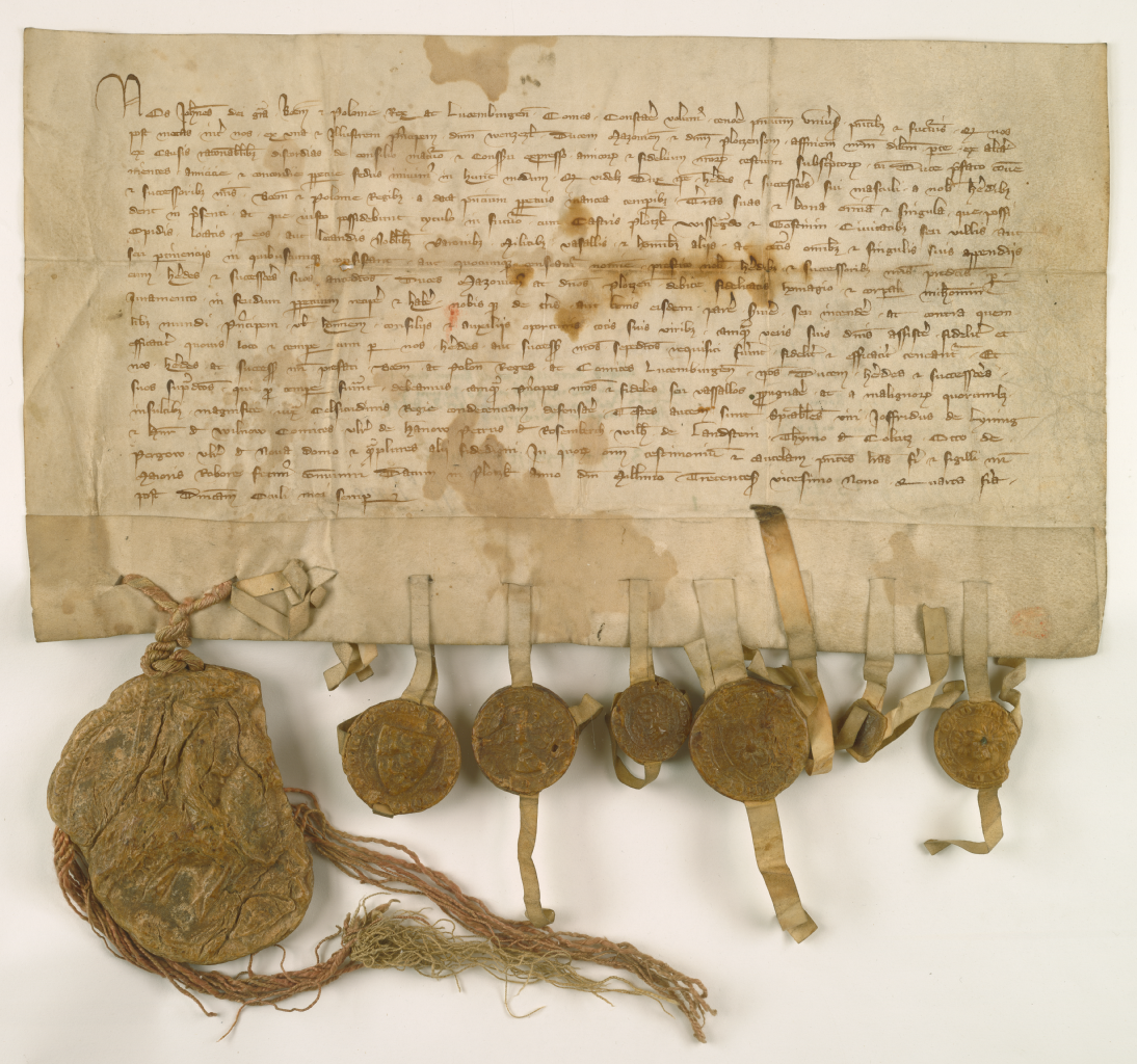 Na zdjęciu przedstawiony jest stary dokument, na pożółkniętym papierze. Cały jest zapisany drobnym, odręcznym pismem.  Na dolnej krawędzi zawieszone są okrągłe pieczęcie. Pierwsza od lewej jest większa, kolejne sześć ma mniejsza średnicę.