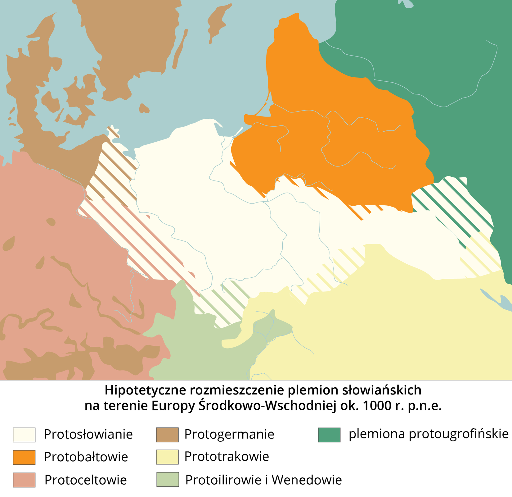 Hipotetyczne rozmieszczenie plemion słowiańskich na terenie Europy Środkowo‑Wschodniej ok. 1000 r. p.n.e.