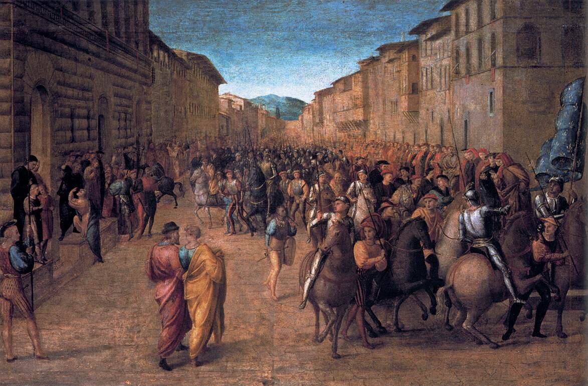 Wjazd Karola VIII do Florencji w 1494 r. Karol VIII, powołując się na swoje związki z Andegawenami, którzy zasiadali na tronie Królestwa Neapolu i byli tytularnymi królami jerozolimskimi, chciał zdobyć nie tylko południowowłoskie posiadłości, ale też stanąć na czele nowej wyprawy krzyżowej. W drodze do Neapolu w 1494 r. jego armia przejechała m.in. przez Florencję i Rzym. Prezentowany obraz pokazuje wjazd króla Francji do sprzymierzonej Florencji, namalowany został przez Francesco Granacci (1469-1543) i obecnie przechowywany jest w Galerii Uffizi we Florencji. Źródło: Francesco Granacci, Wjazd Karola VIII do Florencji w 1494 r., 1518, olej na drewnie, Galeria Uffizi, domena publiczna.