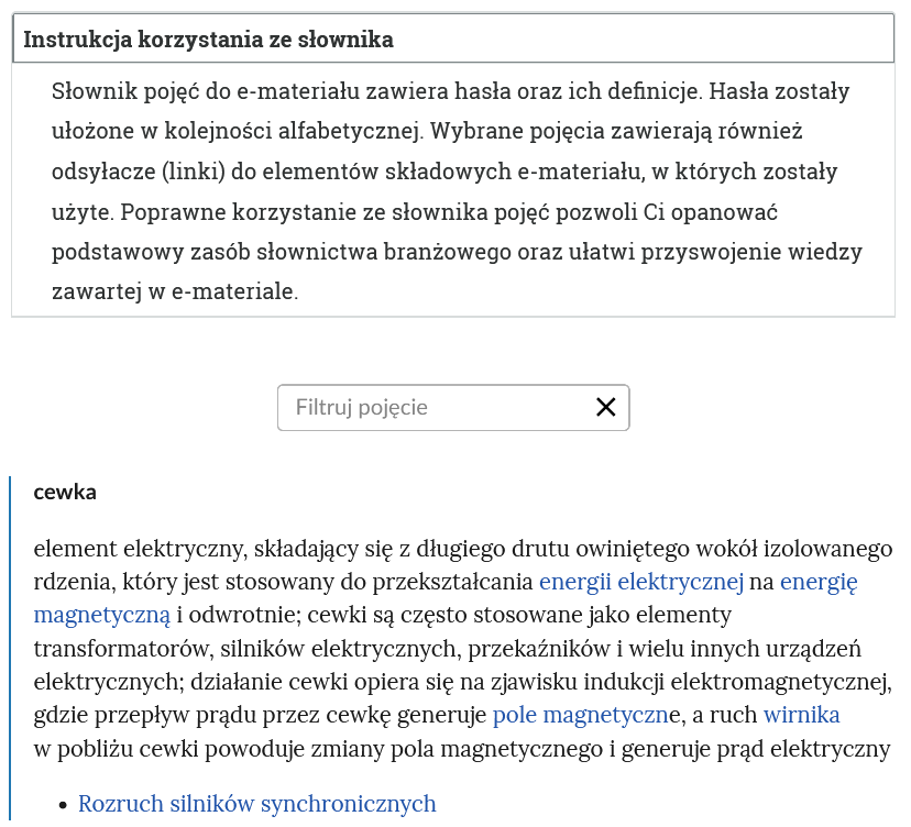 Przykładowy widok otwartej zakładki instrukcji korzystania ze słownika. Pod nazwą zakładki znajduje się prostokątny panel filtruj pojęcie i znak iks. Poniżej hasło wraz z definicją oraz nawigacja do zakładki, w której definiowane słowo się znajduje.