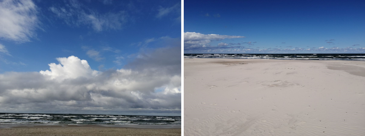 Ilustracja przedstawia dwie fotografie zestawione poziomo obok siebie, na których znajduje się pejzaż morski. Zdjęcia są zróżnicowane pod względem proporcji między niebem, morzem i plażą. Na fotografii z lewej strony zdecydowaną większą część kadru zajmuje niebo z kłębiastymi chmurami. Plaża i fale morskie stanowią 1/5 kadru. Na fotografii z prawej 3/4 kadru zajmuje plaża. W oddali widać błękitne niebo z wąskim paskiem kłębiących się granatowo‑białych fal.