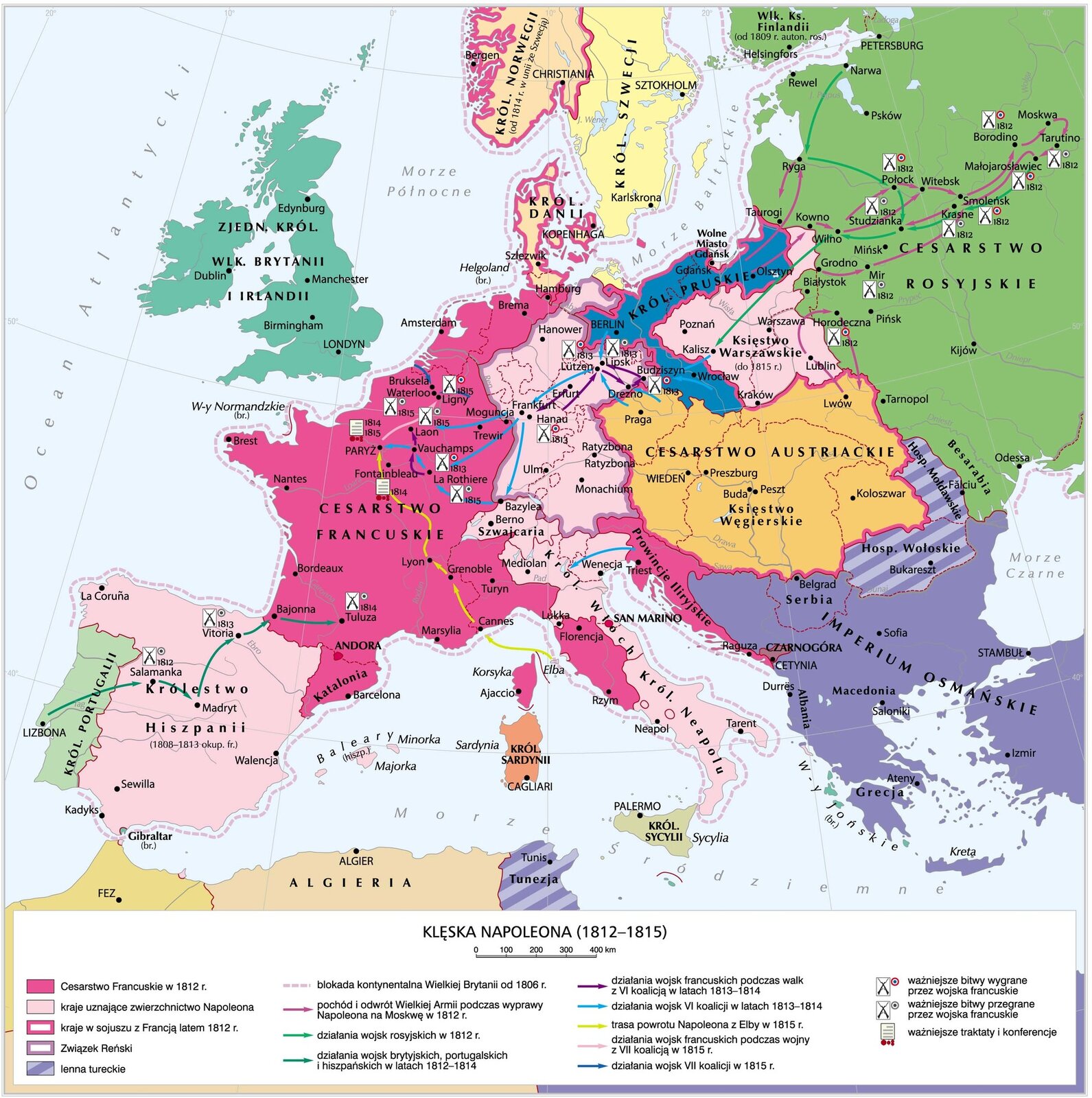 Grafika mapy przedstawiającej klęskę Napoleona w 1812-1815. 