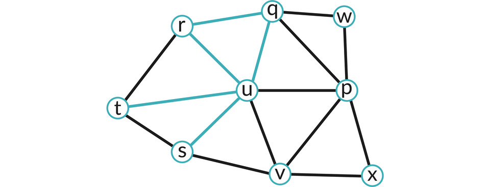 Ilustracja przedstawia graf połączonych liter: u, q, r, t, s, v, p, x, w.  Proste łączące litery r, s, q, t z literą u są koloru niebieskiego.