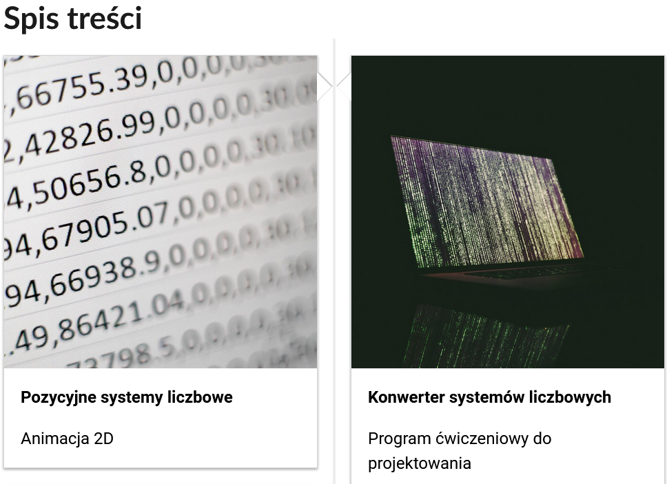 Grafika przedstawia dwa kafelki ze spisu treści. Są umiejscowione obok siebie. Pierwszy od lewej: Zdjęcie okładkowe, poniżej napis: Pozycyjne systemy liczbowe. Niżej napis: Animacja 2D. Drugi: zdjęcie okładkowe, poniżej tytuł. Konwerter systemów liczbowych. Niżej: Program ćwiczeniowy do projektowania.