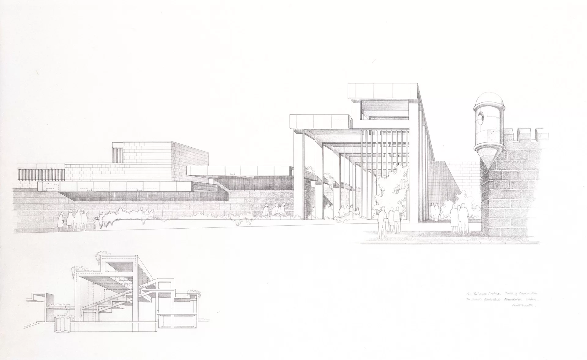 Ilustracja przedstawia Projekt Centrum Sztuki Nowoczesnej, Fundacja Calouste Gulbenkian. Projekt jest szkicem nowoczesnego budynku, składa się z dużych, płaskich powierzchni z którymi kontrastują pionowe wsporniki tworzące nowoczesne i monumentalne wejście do budynku.