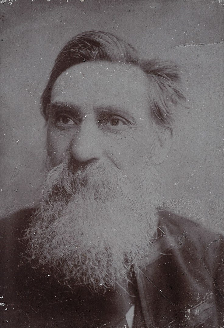 Czarno‑białe zdjęcie portretowe przedstawia Bolesława Limanowskiego. Mężczyzna ma dłuższe włosy z przedziałkiem zaczesane na prawą stronę. Dolną część jego twarzy pokrywa siwa, długa broda i wąsy sięgające do piersi. Ma jasne spojrzenie, wokół oczu liczne zmarszczki, które odchodzą promieniście w stronę skroni. Jest ubrany w czarną marynarkę. 