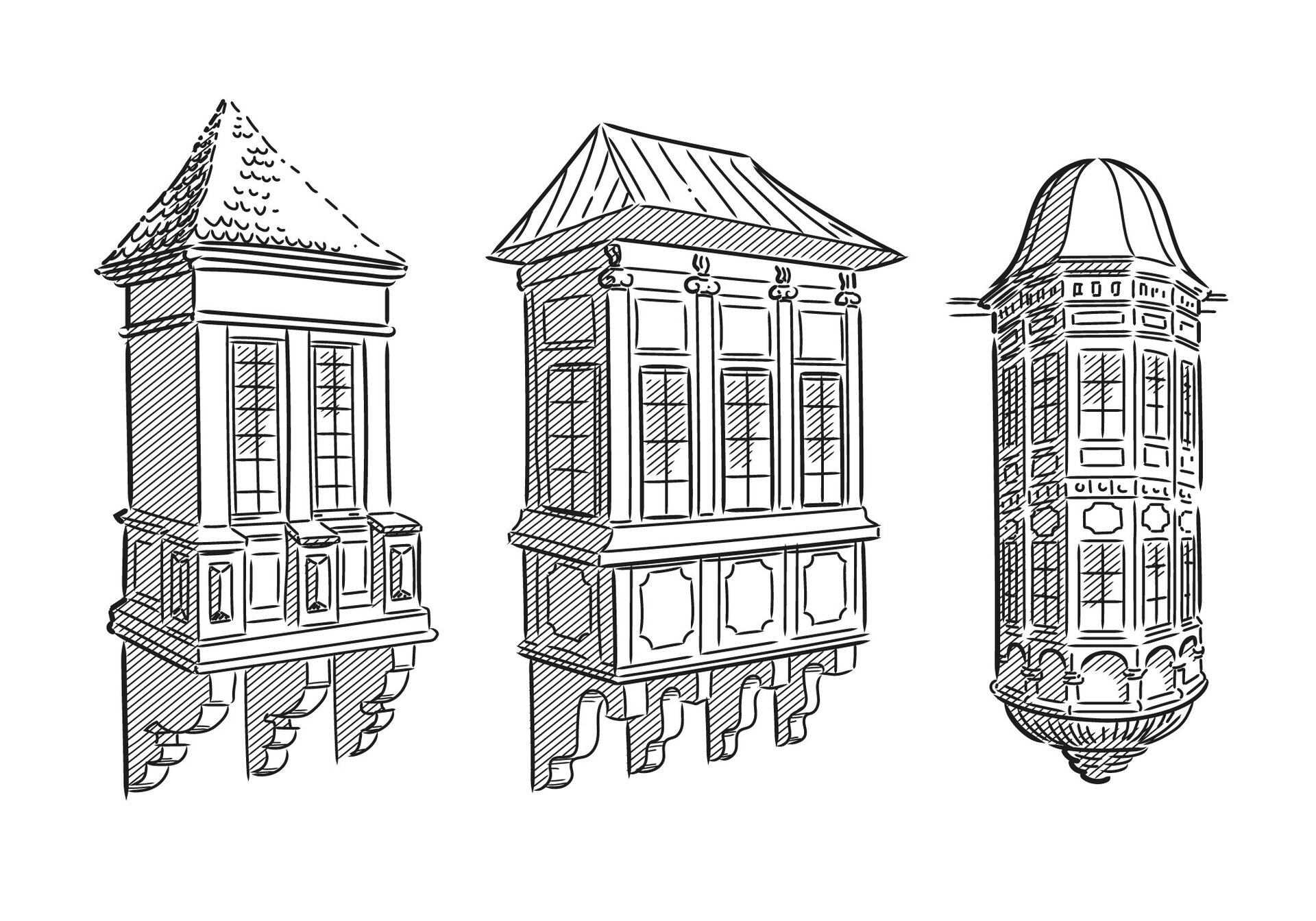 Ilustracja przedstawia wiszącą dobudówkę do budynku, która jest poszerzeniem istniejącego pomieszczenia. Zaprezentowane są trzy rodzaje - mała dobudówka, z dwoma parami okien, większa, z widocznymi czterema parami okien oraz okrągłą, piętrową, która ma aż dziesięć par okien. 