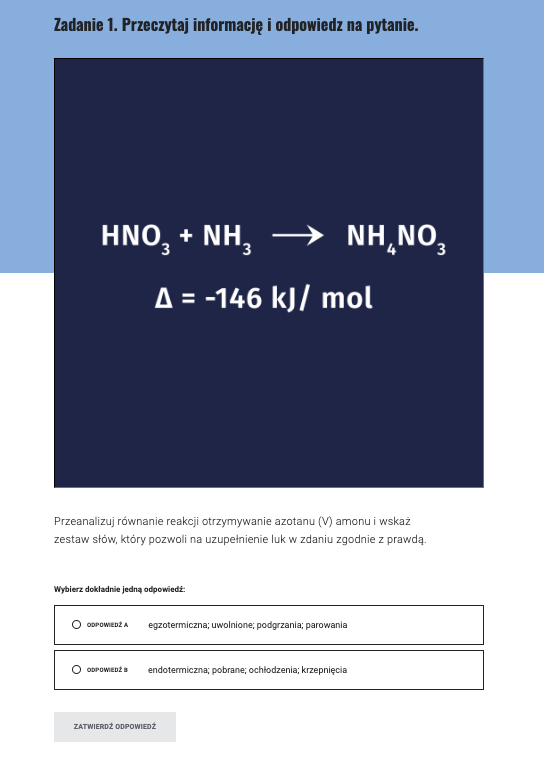 Ilustracja przedstawia przykładowe zadanie z gry edukacyjnej. Na planszy widoczna jest zapisana reakcja chemiczna oraz pytanie. 