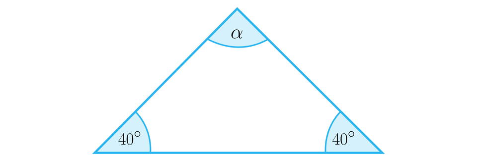  Ilustracja przedstawia trójkąt, w którym każdy z dwóch kątów przy podstawie ma miarę 40 stopni, a kąt między ramionami podpisano literą alfa.