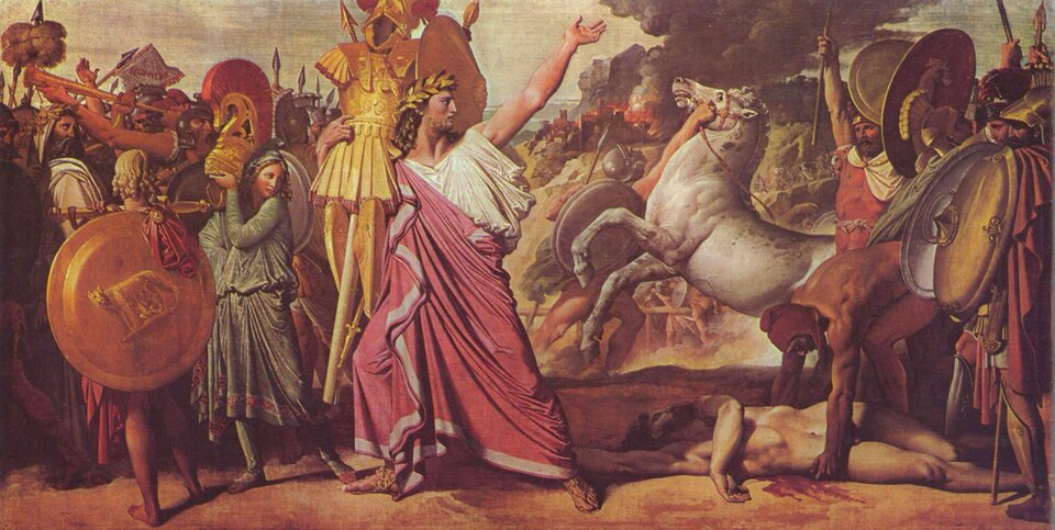 Obraz przedstawia antyczną scenę rodzajową. W centralnej części znajduje się młody mężczyzna w todze, z wieńcem laurowym na głowie. Mężczyzna trzyma na prawym ramieniu złotą zbroję, lewą rękę wyciąga ku górze. Po jego bokach widać tłoczących się żołnierzy i młodą kobietę trzymającą żołnierski hełm. W oddali widać płonące zabudowania miasta.