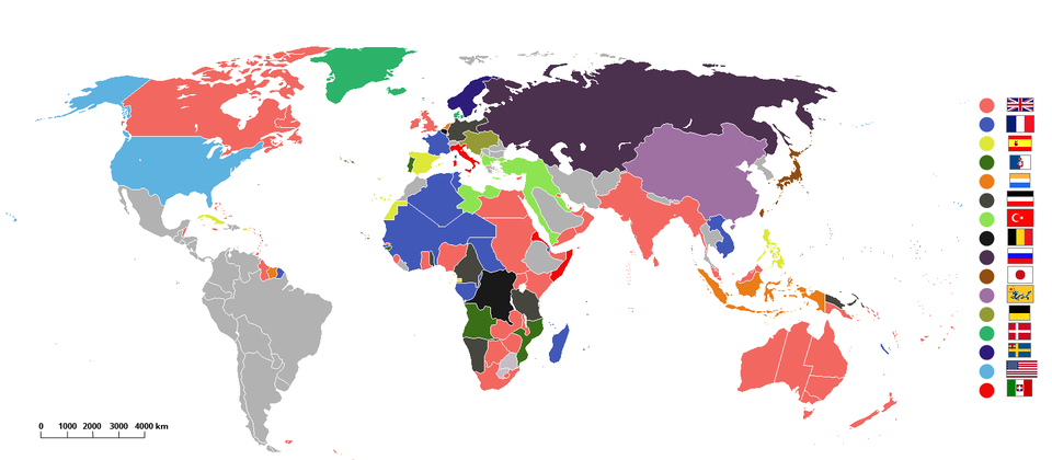 Mapa świata przedstawia informacje na temat kolonializmu na świecie w 1898 r. Kolonią Wielkiej Brytanii były kraje jak: Kanada, Gujana, Irlandia, Wielka Brytania, Sierra Leone, Ghana, Nigeria, Zambia, Malawi, Zimbabwe, Botswana, Lesoto, RPA, Jemen, Oman, Pakistan, Indie, Brunei, Australia.  Kolonią Francji były kraje jak: Gujana Francuska, Francja, Algieria, Tunezja, Mauretania, Mali, Niger, Czad, Gabon, Wietnam. Kolonią Hiszpanii były kraje jak: Kuba, Hiszpania, Sahara Zachodnia, Libia, część Arabii Saudyjskiej, Filipiny. Kolonią Holandii były kraje jak: Surinam, Indonezja. Kolonią Niemiec były kraje jak: część Polski, Namibia, Tanzania, Kamerun. Kolonią Turcji były kraje jak: Libia, Syria, Irak, Liban, Jordania. Kolonią Belgii była Demokratyczna Republika Konga.