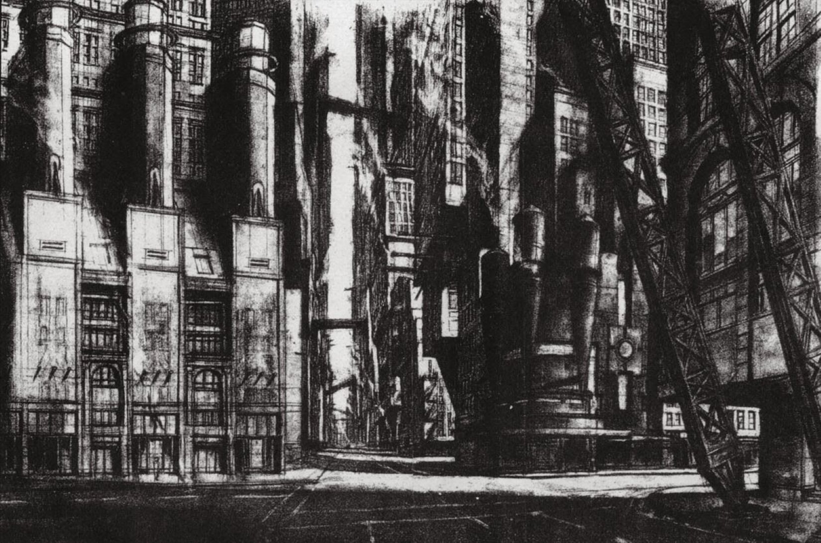 Ilustracja przedstawia koncepcję miasta do filmu „Batman” z 1989 roku, której autorem jest Anton Furst. Jest ona w kolorze czarno‑białym. Na ilustracji są wysokie budynki z oknami.