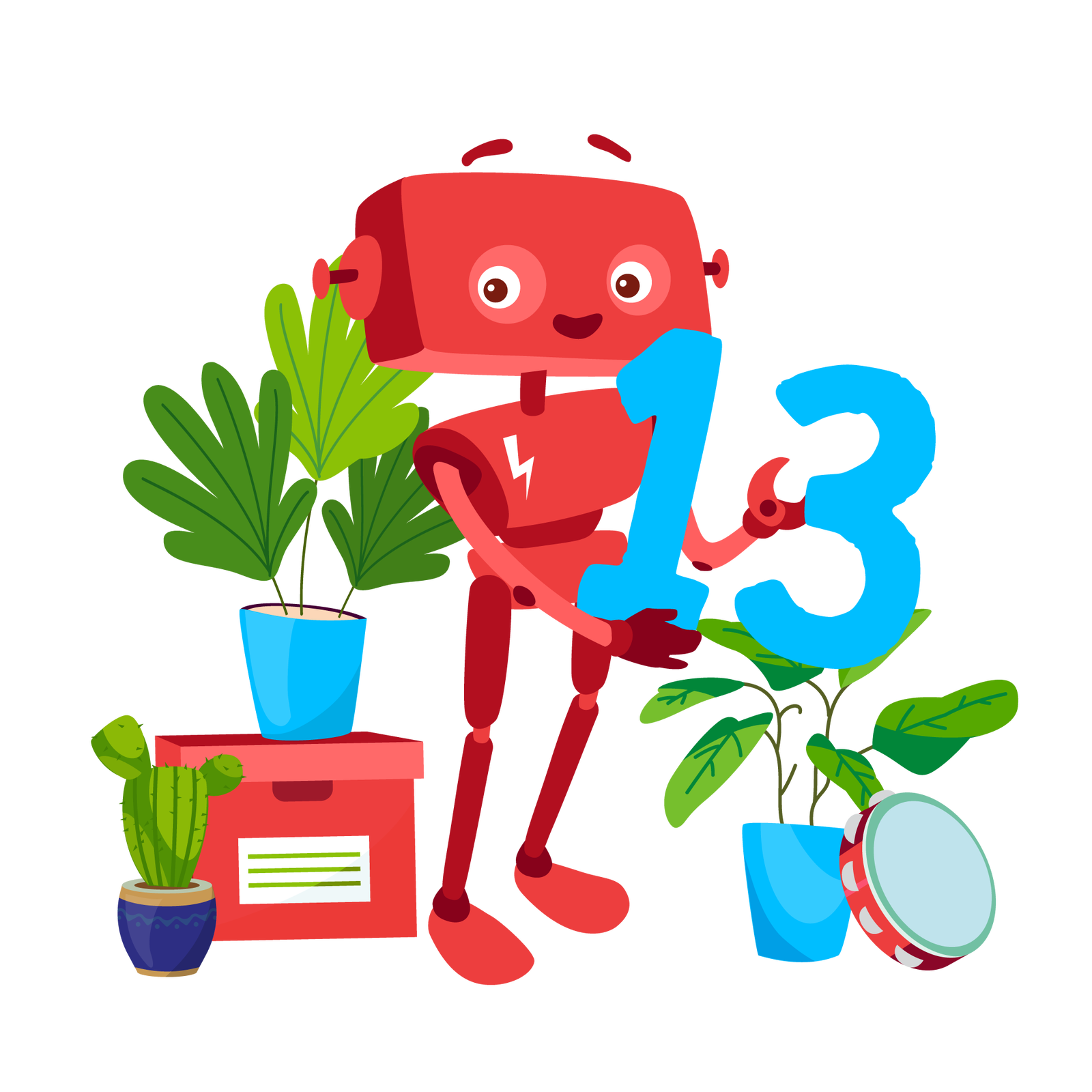Ilustracja przedstawia uśmiechniętego Zgrzytka, który w rękach trzyma niebieską liczbę trzynaście. Po lewej stronie stoi kaktus w granatowej donicy oraz czerwone pudełko z pokrywką. Na pudełku ustawiono dużą zieloną roślinę z niebieskiej donicy. Po prawej stronie stoi kolejna zielona roślina w niebieskiej donicy, o którą jest oparty tamburyn, czyli okrągły instrument muzyczny.