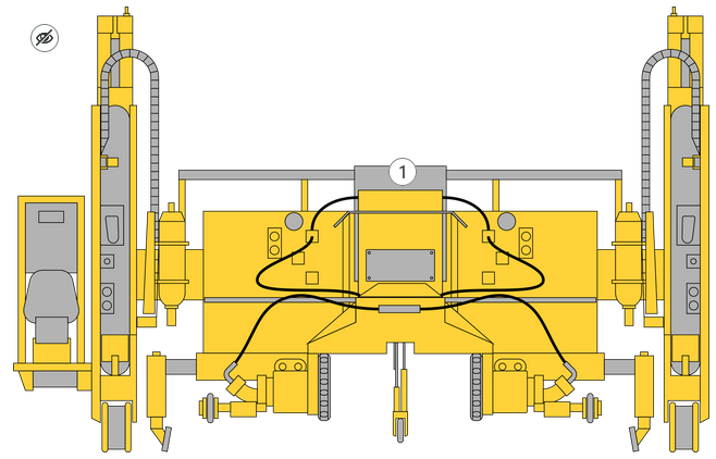 Przykładowa grafika atlas interaktywny. Widoczna jest na niej maszyna do rozkładania podkładów. Widoczne są również punkt numer jeden infografiki oraz przycisk ukryj punkty w postaci symbolu przekreślonego oka.
