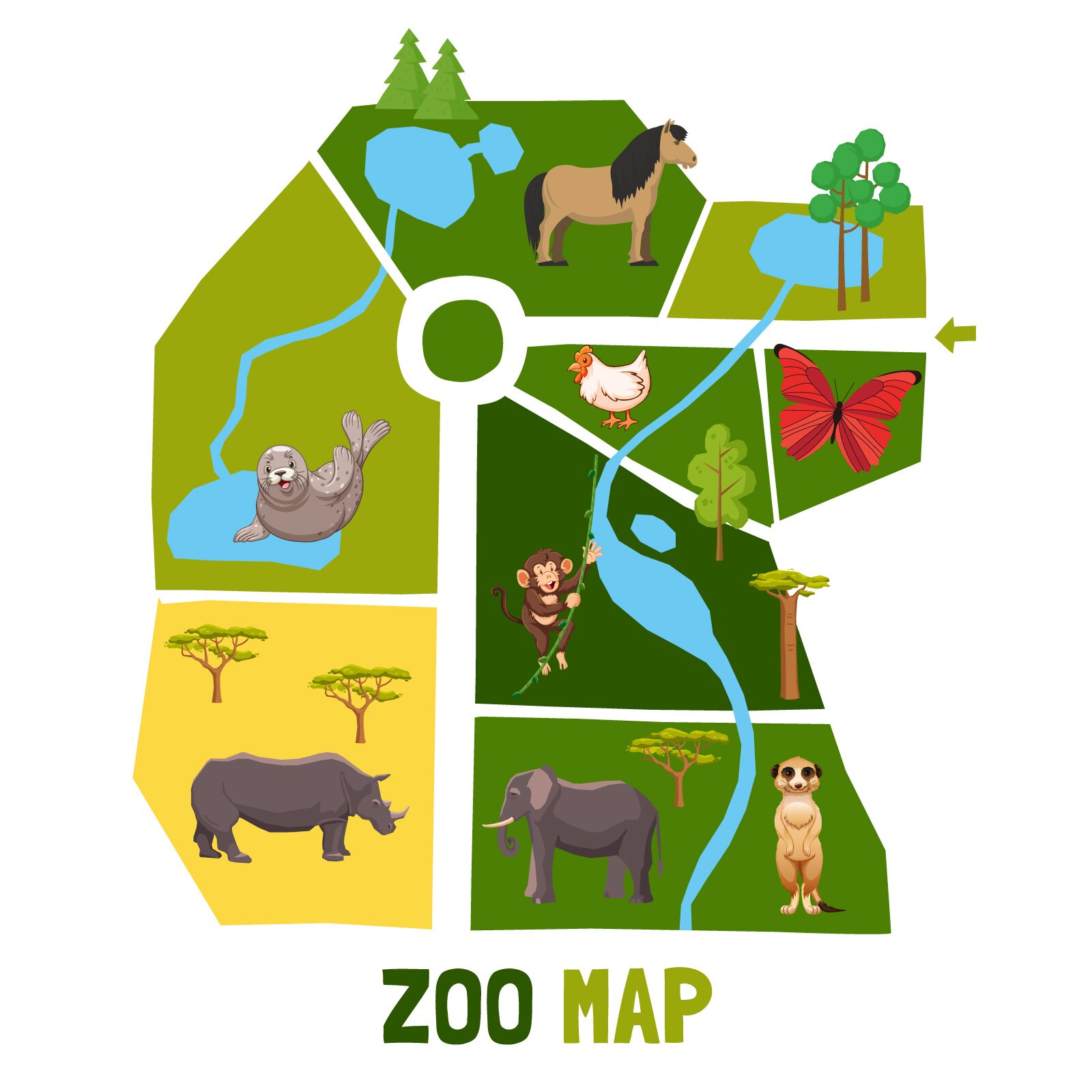 Grafika przedstawia mapę zoo, przez które prowadzi jedna główna alejka w kształcie litery L oraz 5 ścieżek bocznych. Według mapy w zoo można spotkać: zwierzęta czterokopytne, ptaki, owady, małpy, ssaki takie jak surykatki, zwierzęta afrykańskie np. słonie, nosorożce, oraz zwierzęta morskie jak foki.