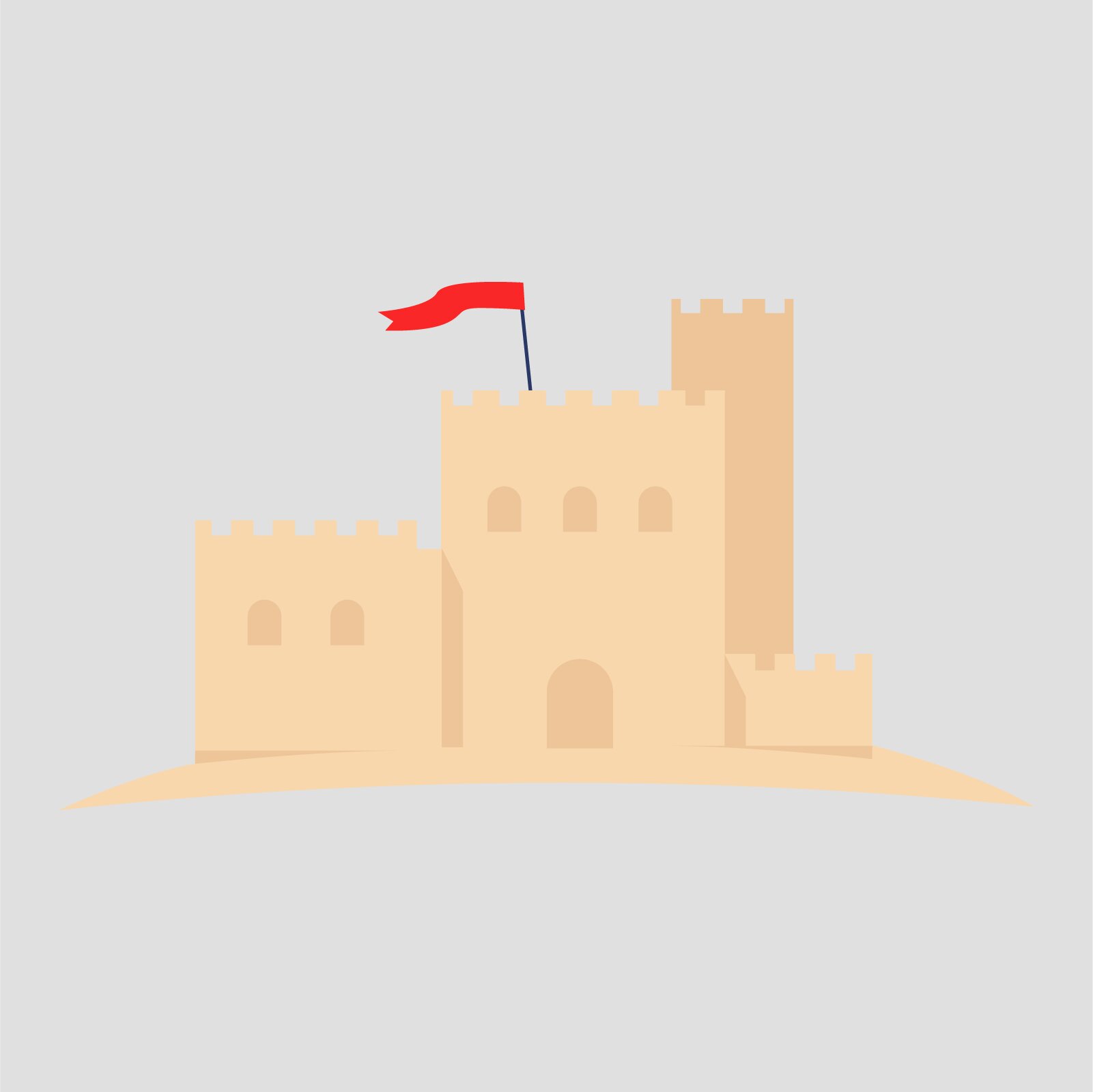 Ilustracja przedstawia zamek z piasku, z zatkniętą czerwoną chorągiewką. 