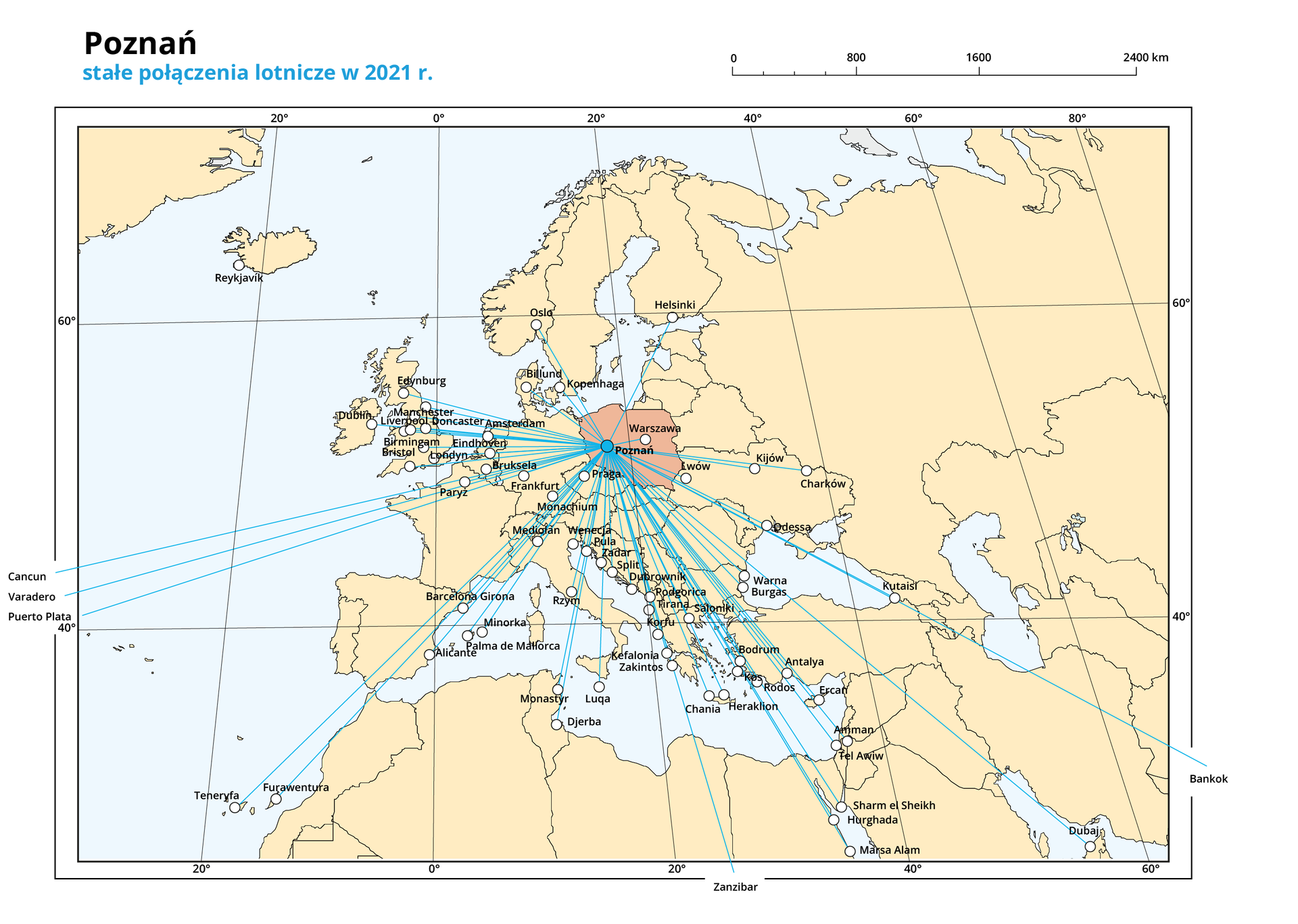 Ilustracja przedstawia fragment mapy Europy i obrazuje stałe połączenia lotnicze z Poznania w roku 2021. Polska oznaczona jest kolorem pomarańczowym. Pozostałe kraje na żółto z szarymi granicami. W Polsce niebieską kropką oznaczono Poznań, z których niebieskimi liniami oznaczono połączenia lotnicze z następującymi miastami na mapie oznaczonymi białym kółkami (część z nich znajduje się poza mapą): Oslo, Helsinki, Billund, Kopenhaga, Warszawa, Lwów, Kijów, Charków, Odessa, Kutaisi, Bangkok, Warna, Burgas, Dubaj, Antalaya, Ercan, Ammam, Tel Awiw, Sharm El Sheikh, Hurghanda, Marsa Alam, Bodrum, Kos, Rodos, Chania, Heraklion, Saloniki, Podgorica, Tirana, Korfu, Kefalonia, Zakintos, Dubrownik, Split, Zadar, Pula, Wenedcja, Praga, Rzym, Luqa, Djerba, Monastyr, Monachium, Mediolan, Barcelona Girona, Minorka, Palma de Mallorca, Alicante, Frankfurt, Paryż, Bruksela, Cancun, Varadero, Puerto Plata, Amsterdam, Eindhoven, Londyn, Edynburg, Dublin, Manchaster, Liverpool, Doncaster, Birmingham, Bristol. Nad mapą po prawej stronie podziałka liniowa od 0 do 2400 km, co 800 km. Podpis – nad mapą: Poznań stałe połączenia lotnicze w 2021 r.