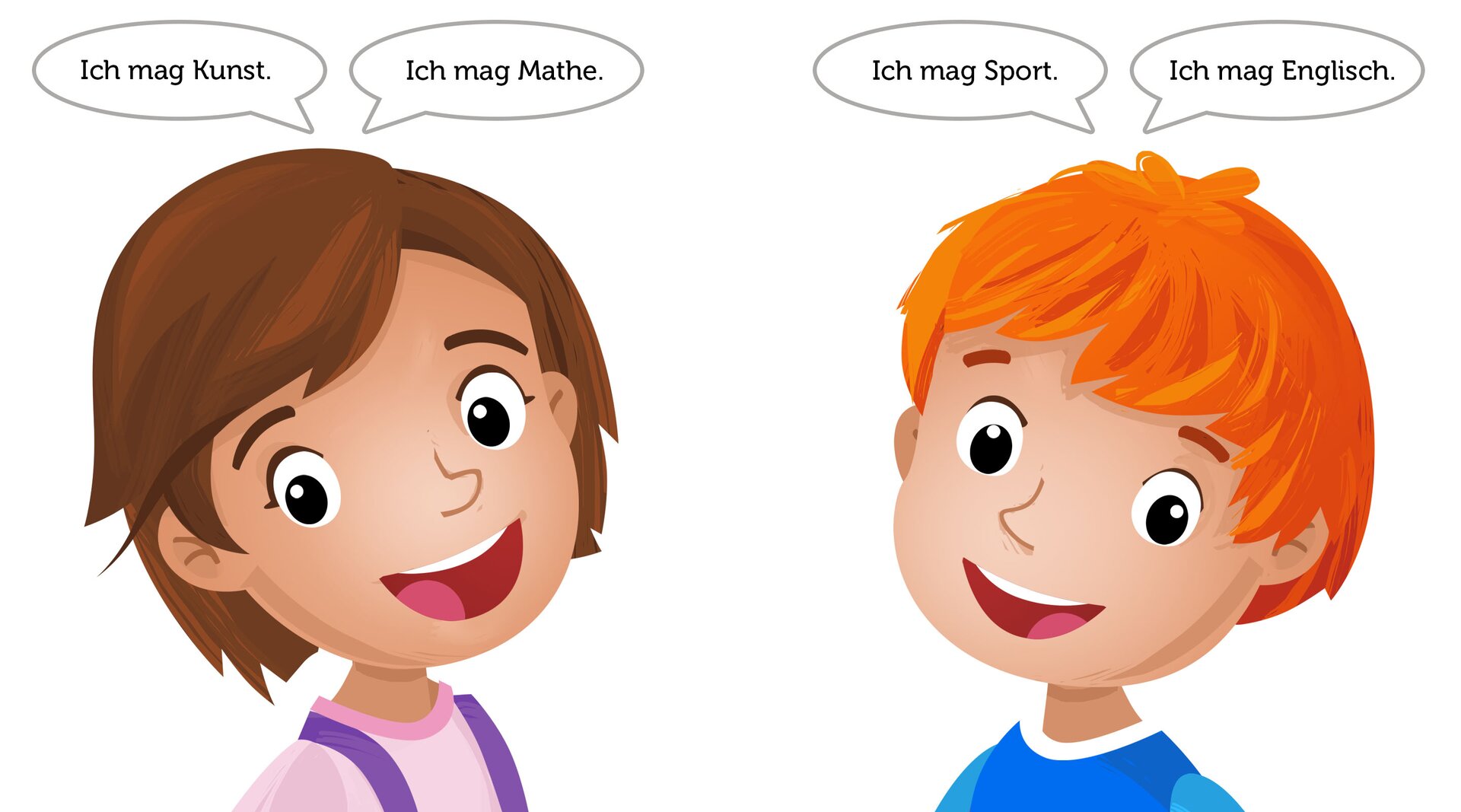 Ilustracja przedstawia dwoje dzieci. Każde z nich się wypowiada a treść widoczna jest w dymkach.