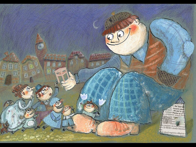 Rysunek przedstawia uśmiechniętego olbrzyma, który siedzi na rynku jakiegoś małego miasteczka. Olbrzym przykucnął na budce ogłoszeń, przy jego stopach stoi zadowolona rodzinka: rodzice z piątką dzieci. Olbrzym podaje ojcu rodziny stołek. Wszyscy się uśmiechają. Jedna z córek siedzi na butach olbrzyma, trzymając dwa tulipany. W tle widać uliczki rynku, a na niebie sierp księżyca. Czworo dzieci stoi bardzo blisko olbrzyma, tylko jedno dziecko schowało się za spódnicą mamy.