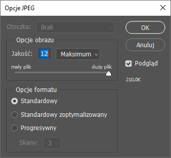 Ilustracja przedstawiająca okno Opcje JPEG. W obszarze Opcje obrazu w jakości zaznaczono 16. W opcjach formatu trzy do wyboru: Standardowy, Standardowy zoptymalizowany oraz Progresywny. Wybrano: Standardowy. Zastosowano przycisk: OK.