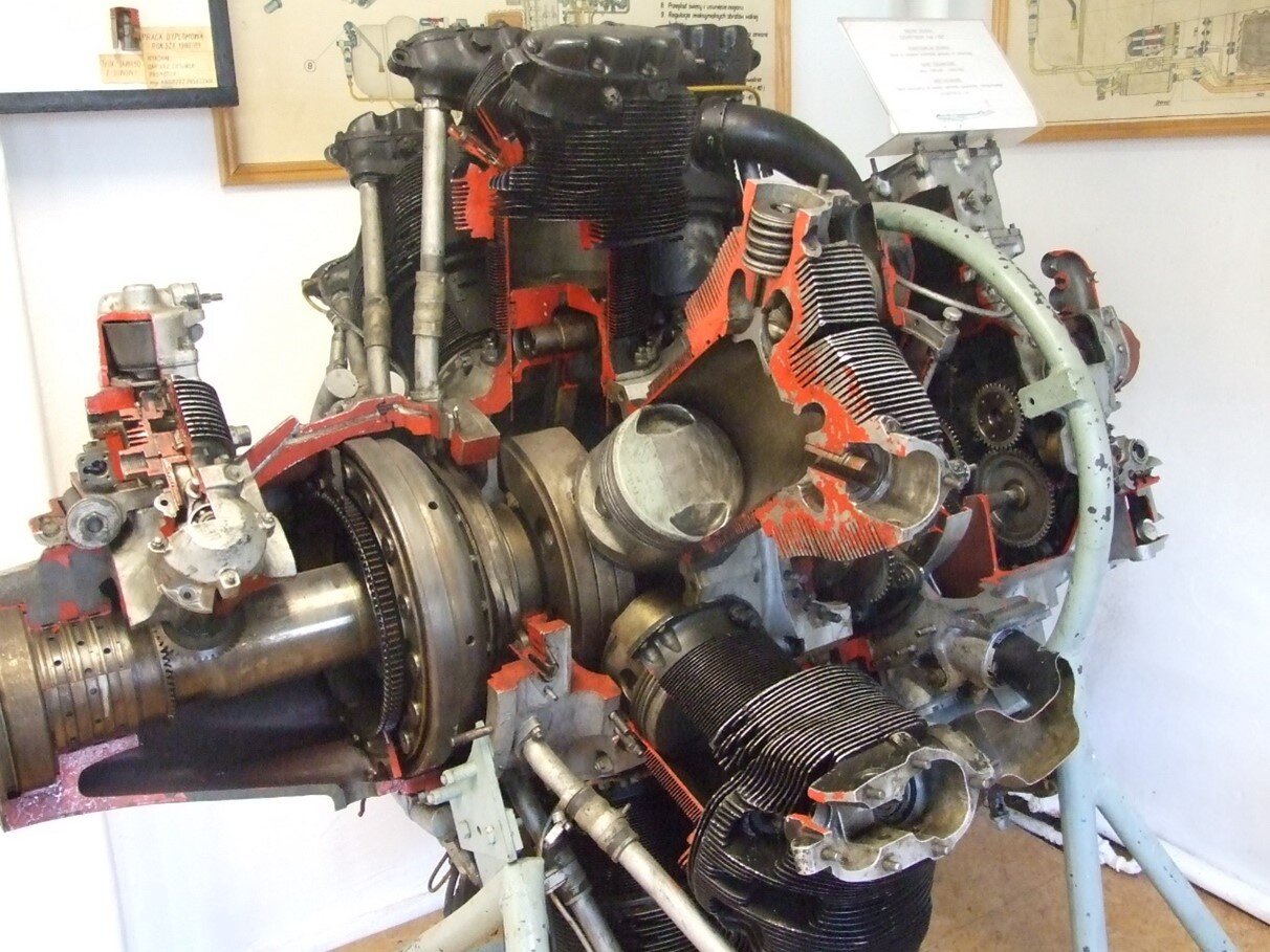 Zdjęcie przedstawia silnik gwiazdowy w widoku z boku. Widoczny jest centralny wał korbowy, wokół którego osadzone są promieniowo cylindry z tłokami.