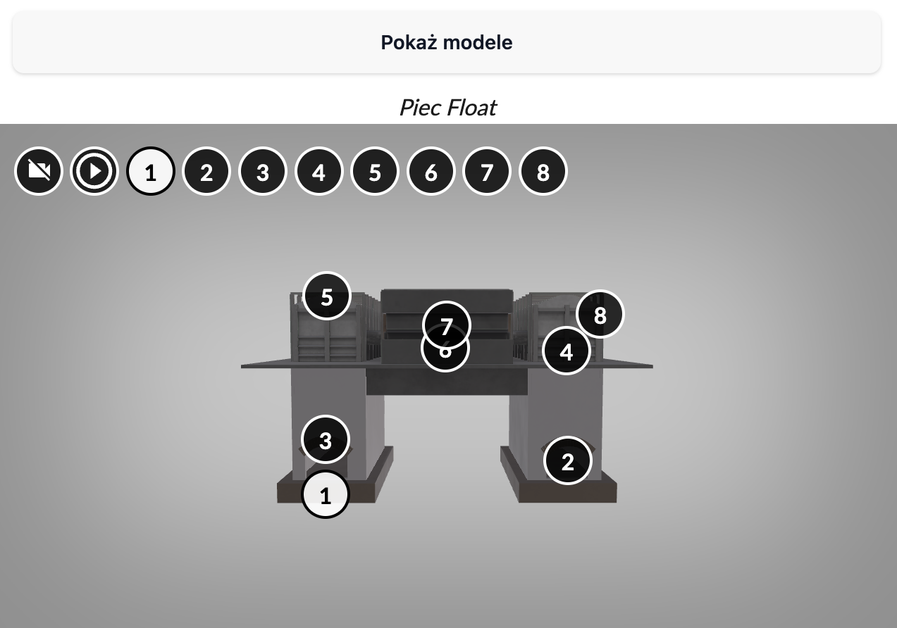 Model 3D przedstawia piec float. Ukazana jest jego część znajdująca się pod powierzchnią ziemi, gdzie znajdują się dwa paleniska oraz część naziemna. Widoczne są interaktywne punkty, pod którymi znajdują się dodatkowe treści czytane przez lektora. 