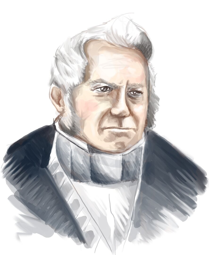 Portret starszego mężczyzny, namalowany akwarelami. Widać tylko głowę i popiersie. Ubrany jest w białą koszulę i garnitur.