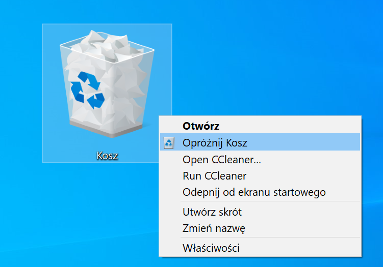 Zrzut ekranu z ikonką kosza i otwartym na nim menu kontekstowym. W menu kontekstowym dostępne są opcje: "Otwórz", "Opróżnij Kosz", "Open CCleaner", "Run CCleaner", "Odepnij od ekranu startowego", "Utwórz skrót", "Zmień nazwę", "Właściwości". 