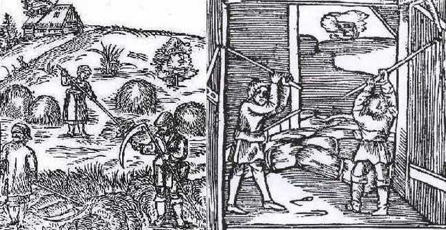 Ilustracja przedstawia chłopów pracujących w polu i młócących zboże, rycina z XVII wieku. Mężczyźni mają w rękach narzędzie do pracy. 
