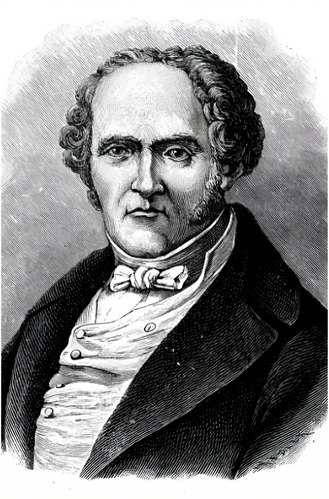 Ilustracja przedstawia portret mężczyzny w surducie, spod którego widoczna jest kamizelka oraz koszula z zawiązaną muszką. Mężczyzna patrzy na wprost, ma niezbyt długie kędzierzawe włosy, z bokobrodami na policzkach, okrągłą twarz i wąskie, zaciśnięte usta.