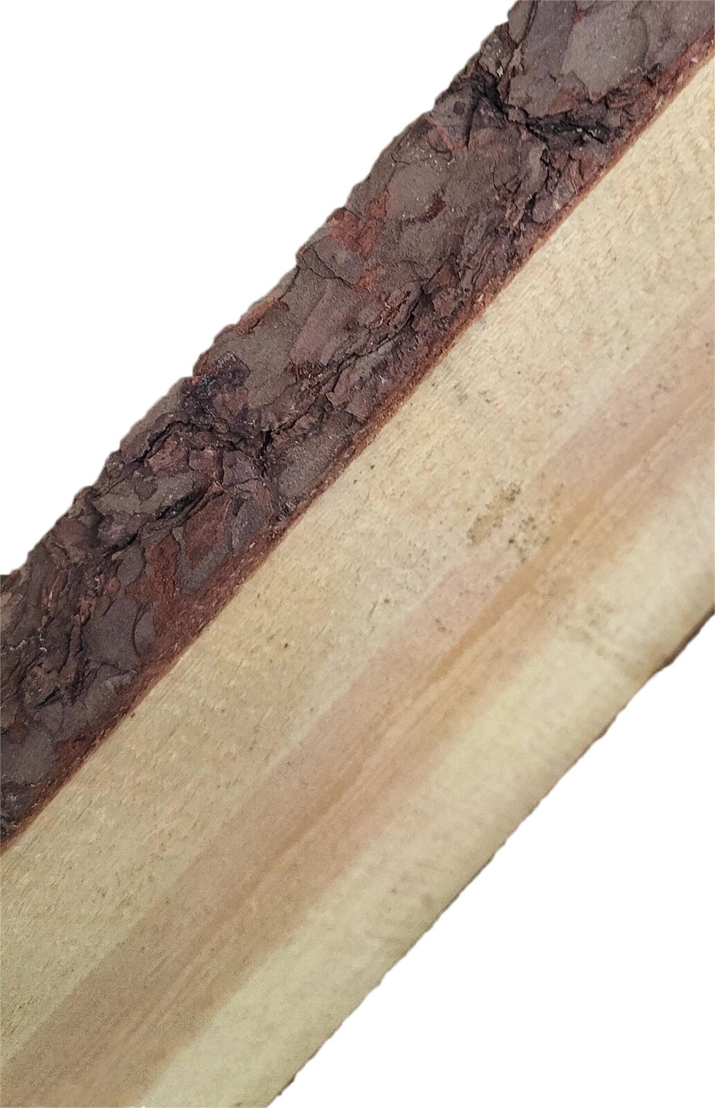 Zdjęcie przedstawia deskę sosnową. Widoczny jest ciemnobrązowy bok deski z korą. Na szerszej, jasnobrązowej płaszczyźnie deski widoczne są słoje drewna oraz poziome linie obrazujące ślady obróbki drewna.