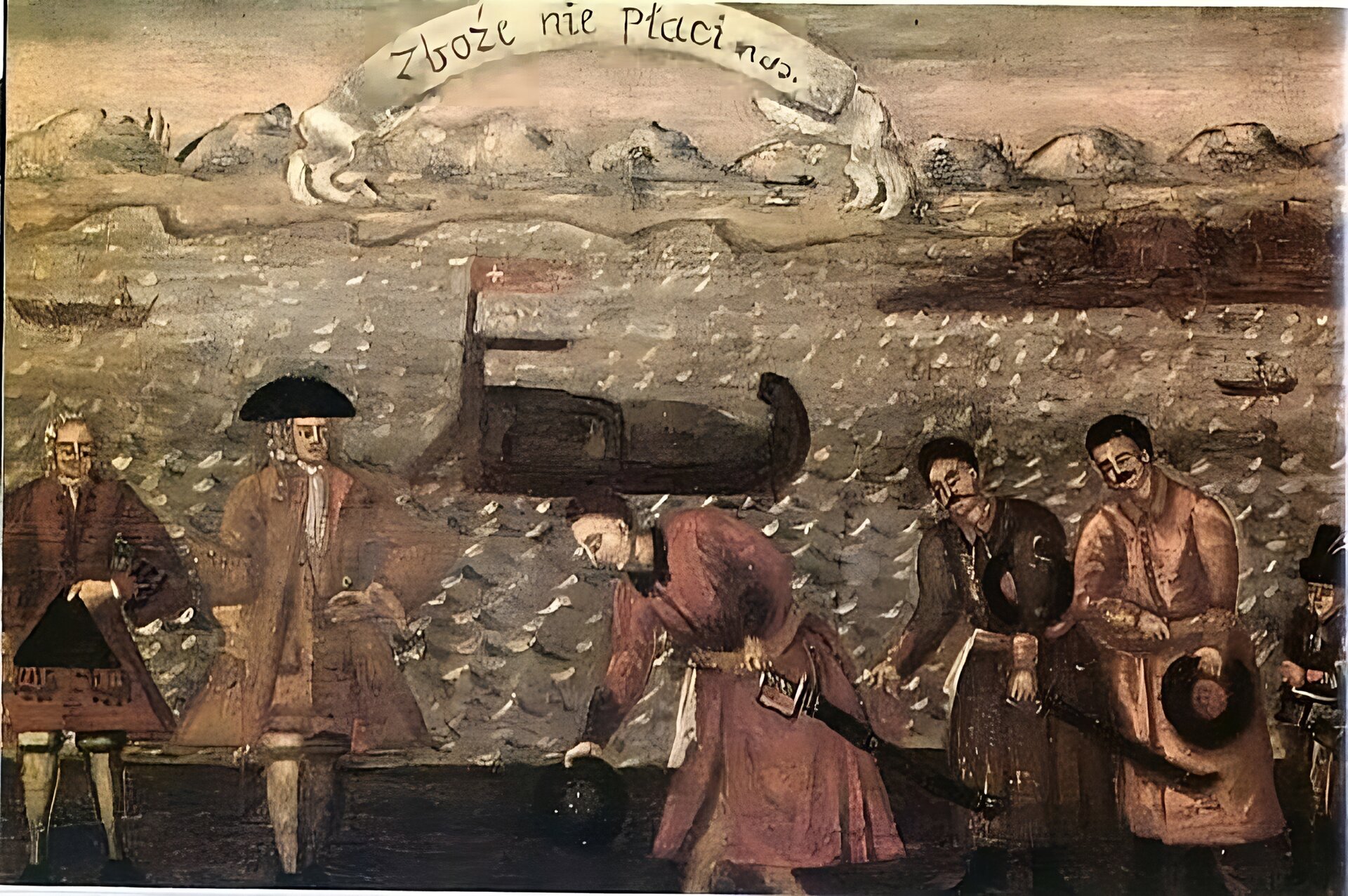 Na ilustracji rysunek. Na górze napis: Zboże nie płaci.  Rysunek przedstawia dwie grupy mężczyzn. Pierwsza z nich to mężczyźni w strojach szlacheckich, druga to mężczyźni w strojach zachodnich kupców. Szlachcice nisko kłaniają się kupcom. W tle widać morze i płynące po nim statki.