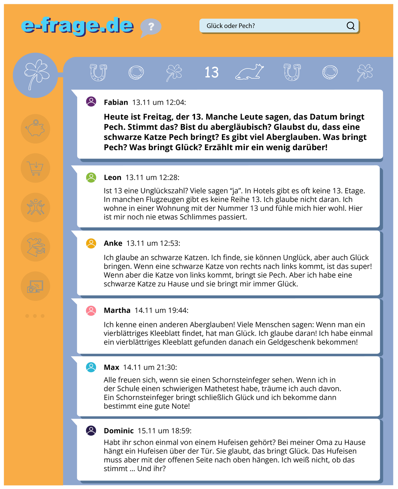 Ilustracja przedstawia komentarze na stronie e‑frage.de. Widocznych jest sześć komentarzy od różnych osób. Wokół komentarzy umieszczone są ikony podkowy, monety, czterolistnej koniczyny, trzynastki i kota.