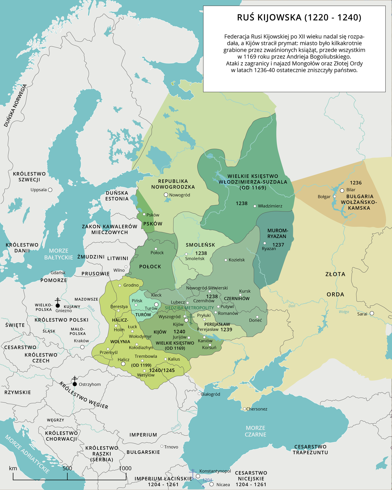 Mapa przedstawia Ruś Kijowską w latach 1220- 1240. Dzieliła się na: Republikę Nowogrodzką, Wielkie Księstwo Włodzimierza – Suzdala ( od 1169), Smoleńsk, Połock, Psków, Halicz- Wołynia, Turów, Kijów Wielkie Księstwo (od 1169), Czerników, Perejasław, Murom- Ryazan, Bułgarie Wołżańsko- Kamska, Złota Odra.
