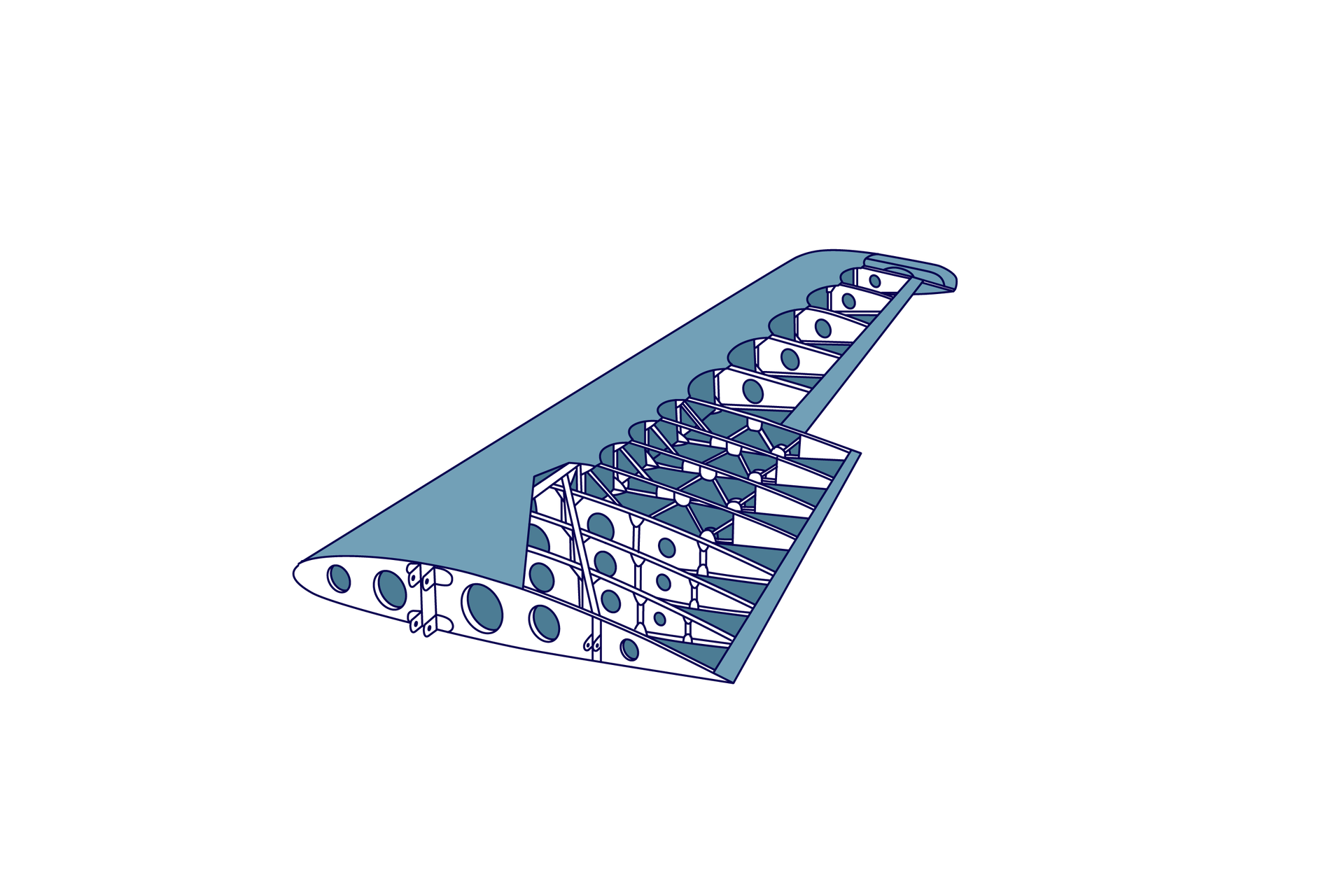 Ilustracja przedstawia przykład konstrukcji dźwigarowej skrzydła samolotu. Część poszycia górnego skrzydła została usunięta, dzięki czemu widoczne jest jego wnętrze. Wewnątrz znajdują się dźwigary ułożone wzdłuż linii skrzydła. W poprzek skrzydła ustawione są żebra. Mają one kształt wydłużonej łzy. W powierzchniach żeber znajdują się okrągłe otwory. 