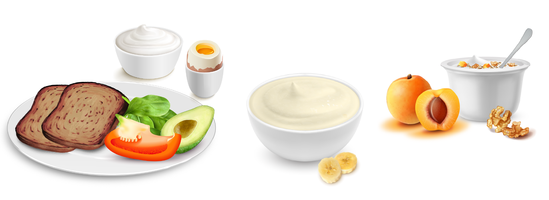 Grafika przedstawia przykładowe składniki diety łatwostrawnej ze zwiększoną zawartością białka. Od lewej widać biały talerz z dwoma kromkami ciemnego pieczywa, połówką awokado, sałatą i kawałkiem czerwonej papryki. Powyżej miseczka z białym jogurtem i jajko na twardo. Na prawo miseczka z kaszą, poniże której widoczne są dwa plastry banana. Na prawo biała miseczka z musli, na lewo od której cała i pół moreli, zaś na prawo orzechy włoskie.
