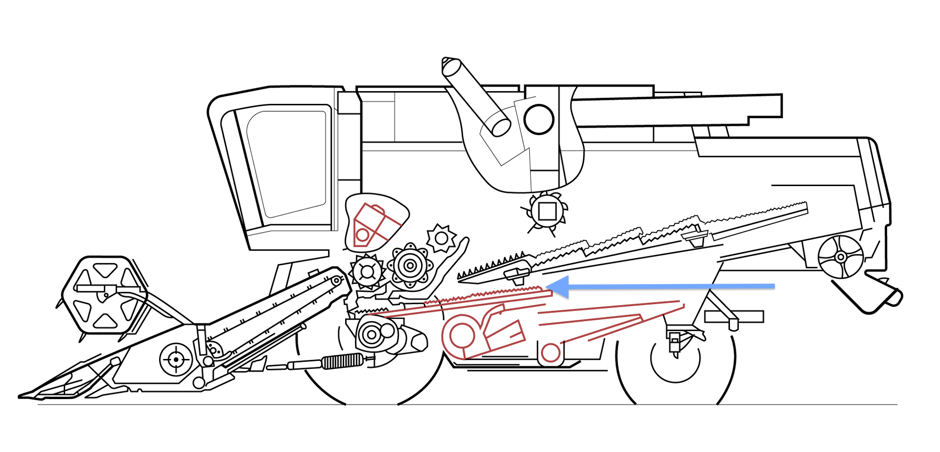 Grafika przedstawia schemat budowy kombajnu zbożowego. Kolorem czerwonym zaznaczono zespół czyszczący. Niebieską strzałką wskazany został jeden z elementów budowy zespołu młócącego – podsiewacz. Znajduje się on na samym początku zespołu czyszczącego.